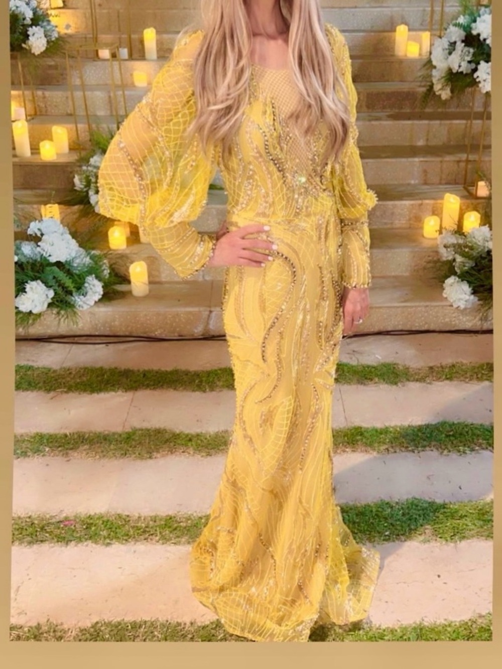 Beaded Yellow Long-Sleeve Evening Gown